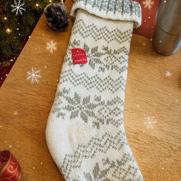 Wondershop knit Christmas stocking white gray snowflake design faux fur pom poms - Picture 1 of 1
